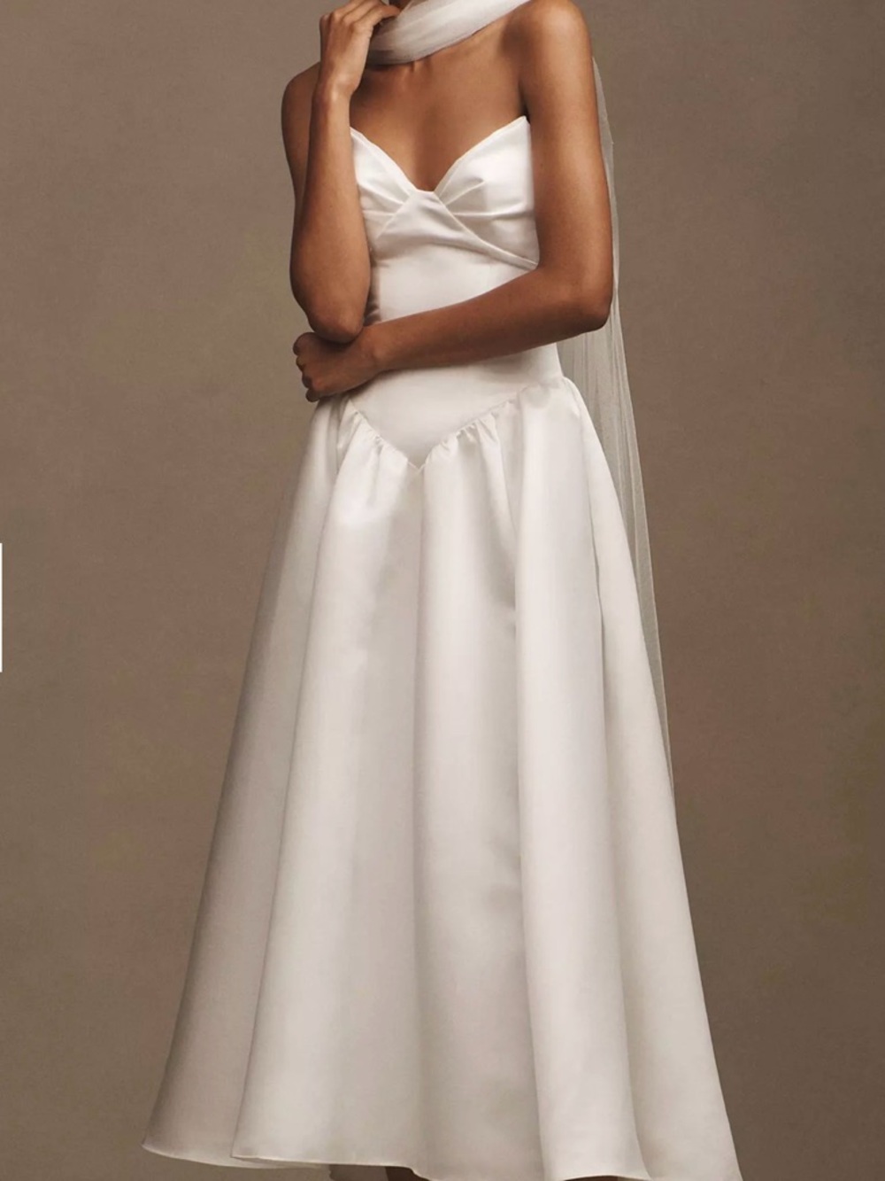 Watters Rickey Strapless Basque-Waist A-Line Midi Dress with Scarf